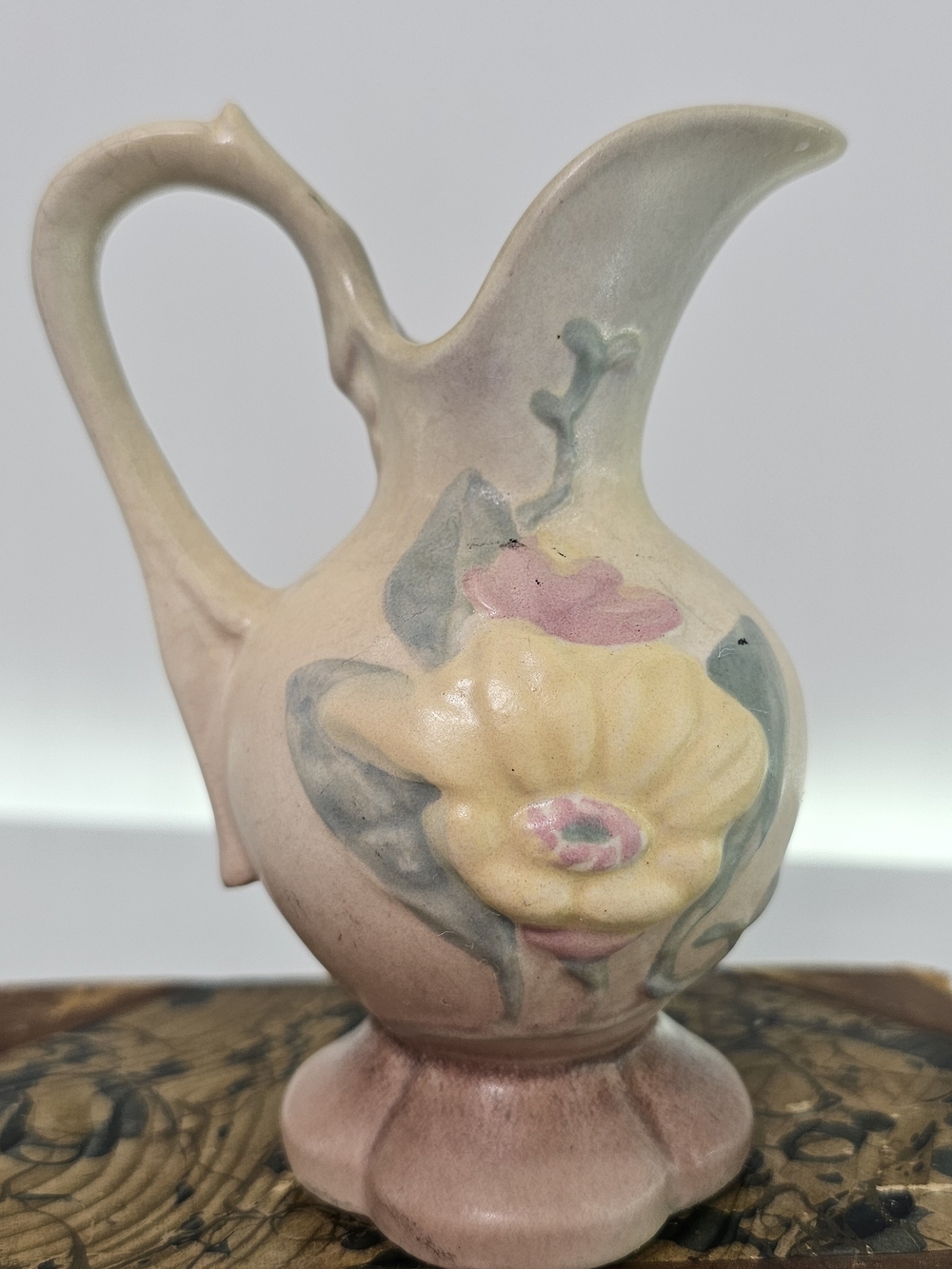 Hand-Painted Pink and Yellow Floral Ceramic Pitcher